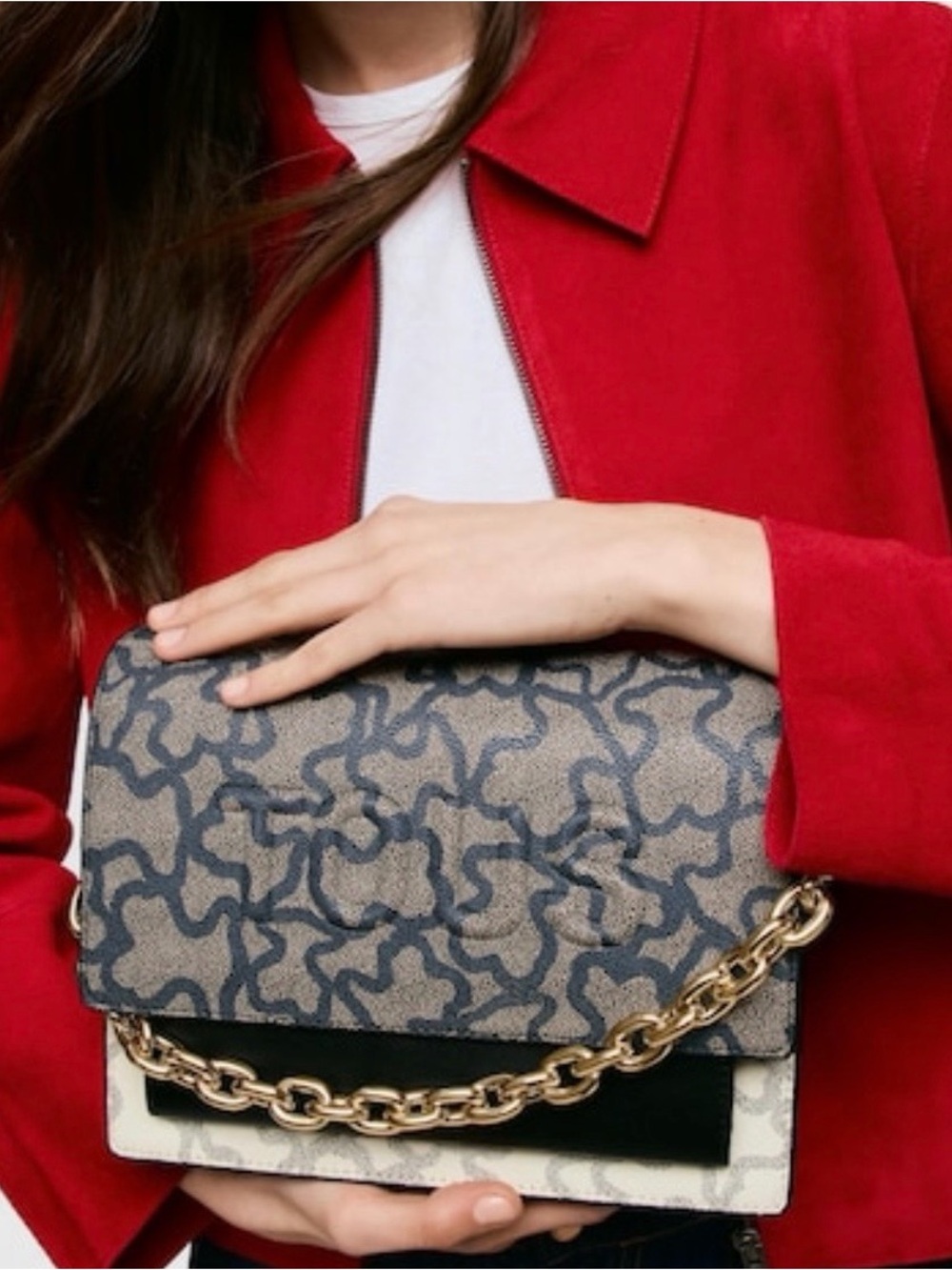 Tous Chain-Trim Patterned Shoulder Bag in Navy, Beige & Black